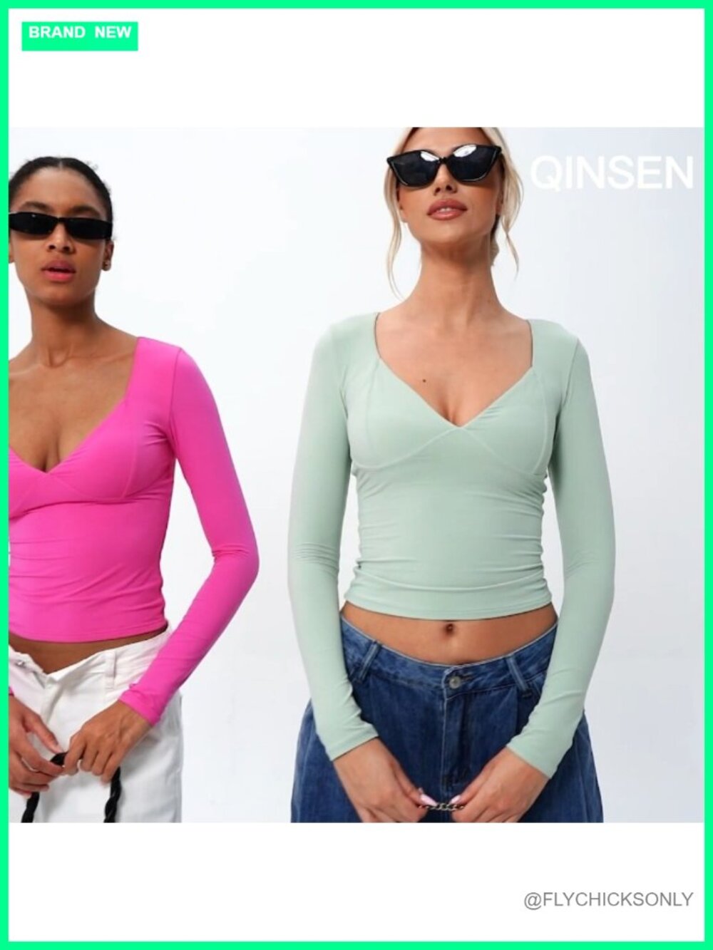 QINSEN Women's Long Sleeve V Neck Double Lined Crop Top Seamed Cup - Picture 5 of 5